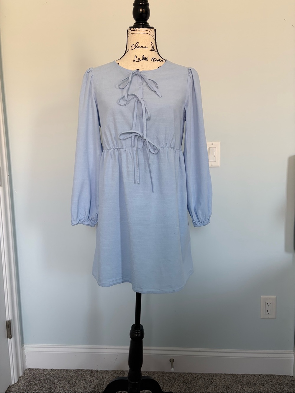 Light Blue Tie-Neck Long Sleeve Women's Dress